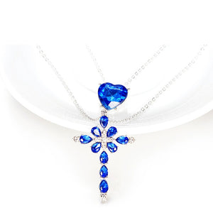 Blue Crystal Heart Cross Multilayer Pendant Necklace
